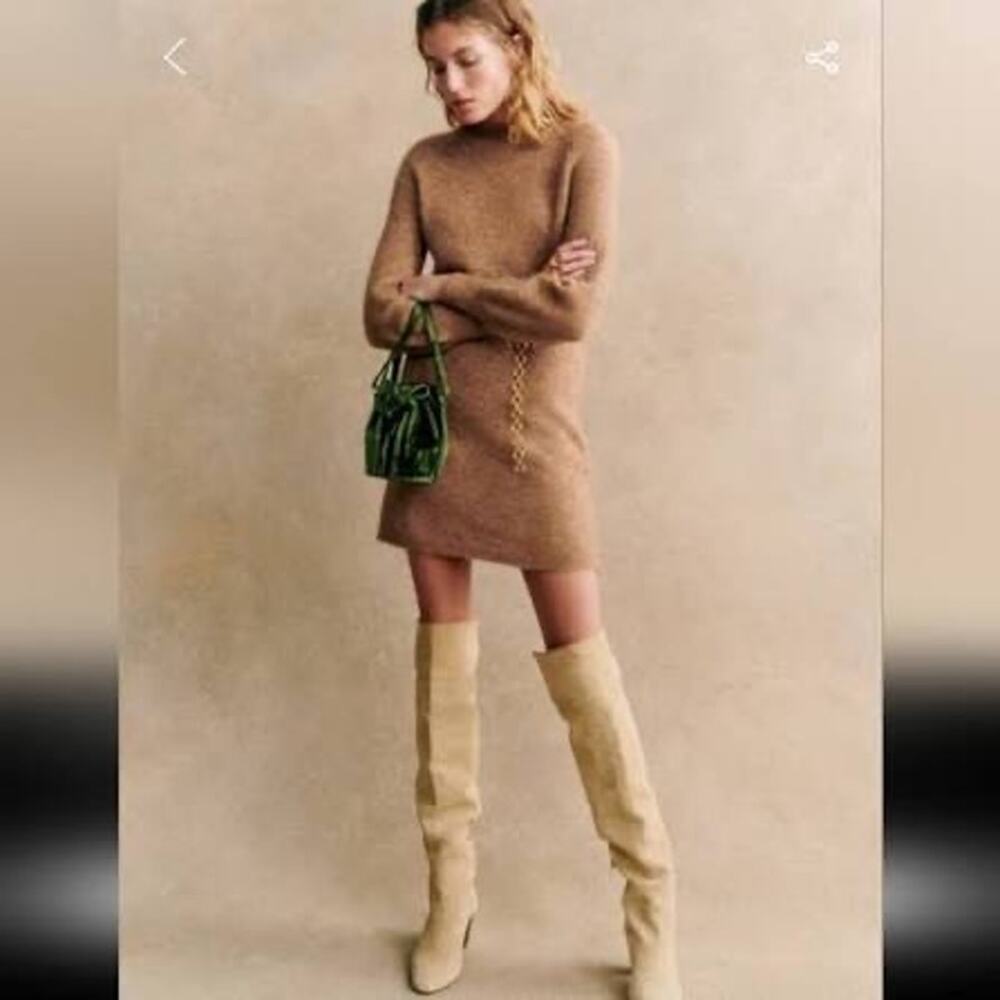 Sézane Enola Dress Light Camel Mohair Wool Belted Mini Dress M NWT